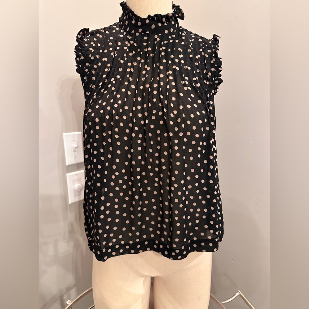 Ganni Black and Tan Polka Dot Ruffle Sleeveless Top